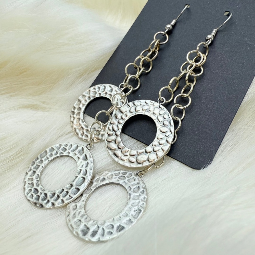 Silver Tone Circle Chains Dangle Drop‎ Earrings